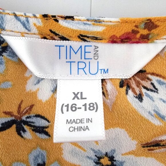 Time and Tru Womens Tunic Top Plus Size XL 16/18 Yellow Floral Ruffled Peplum - Picture 3 of 12